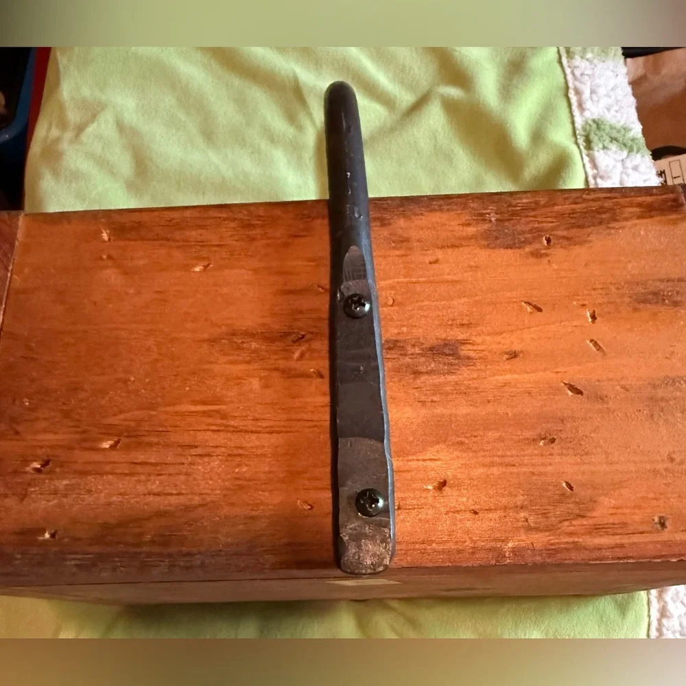 Handcrafted wooden caddy with four compartments and a wrought iron steel handle